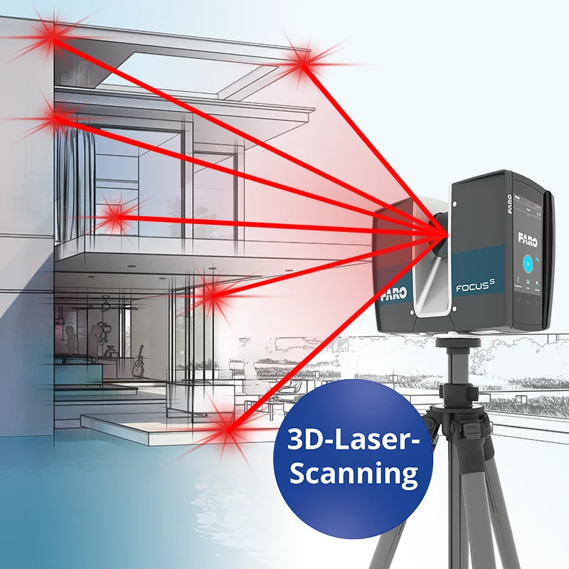 Laserscanner mit Hausabbildung zum Vermessen von Gebäuden und Grundstücken